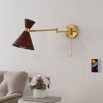 Lily 25" 1-Light Mid-Century Vintage Retro Rattan/Metal USB Charging Swing Arm LED Sconce with Pull Chain - JONATHAN Y